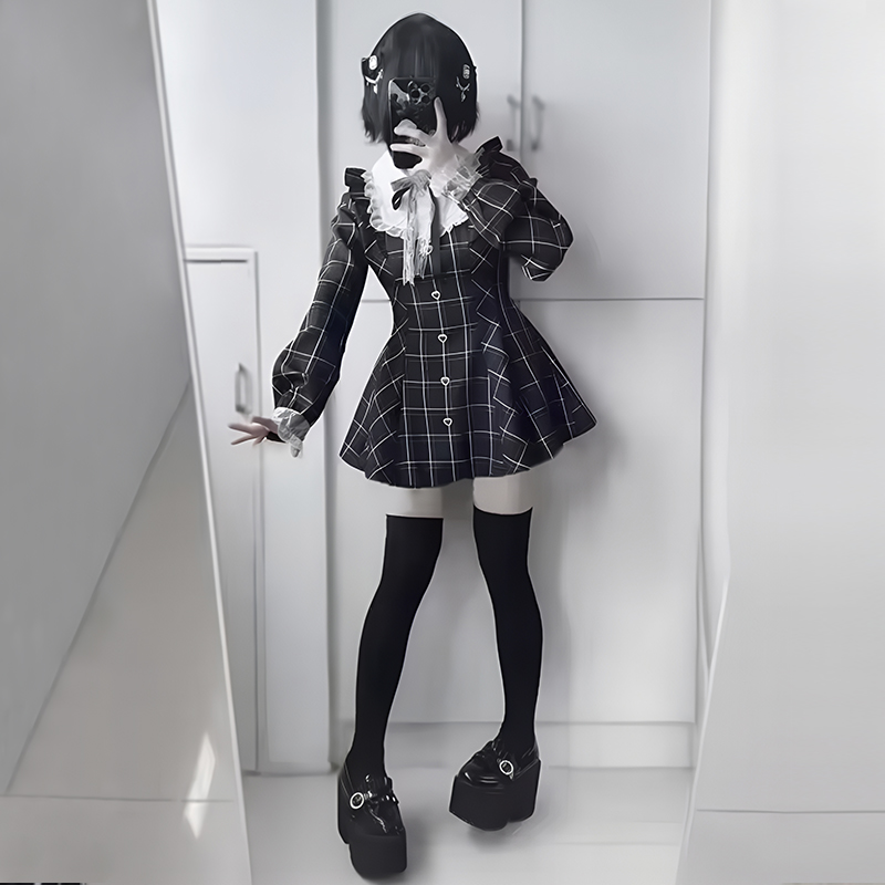 long sleeve dress, black dress, bow dress, plaid dress, collar dress